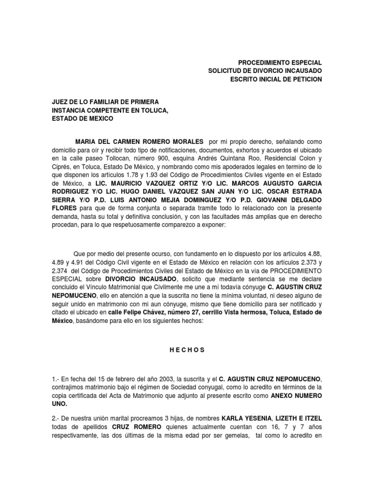 Demanda Divorcio Incausado | PDF | Divorcio | México