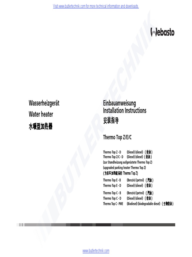 kanal ske protein Webasto Heater Thermo Top C E & Z Installation Manual | PDF | Hvac |  Internal Combustion Engine