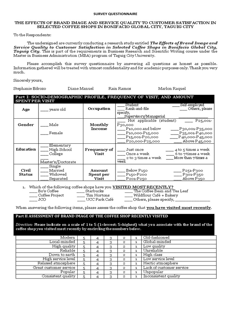 Survey Questionnaire Coffee Shops Business