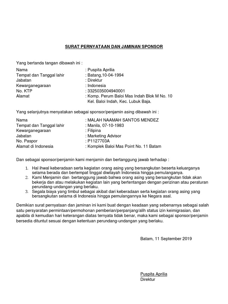 Contoh Surat Sponsor Dan Jaminan Necrazystamper