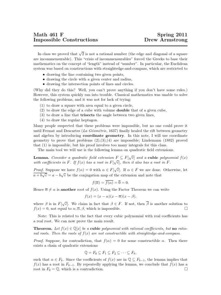 Impossible Geometric Constructions Explained | PDF | Polynomial | Zero ...