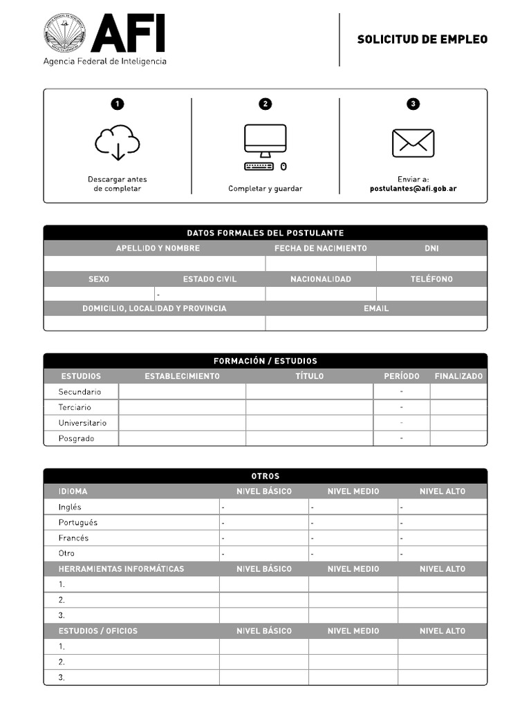 Formulario de solicitud de empleo en la Agencia Federal de