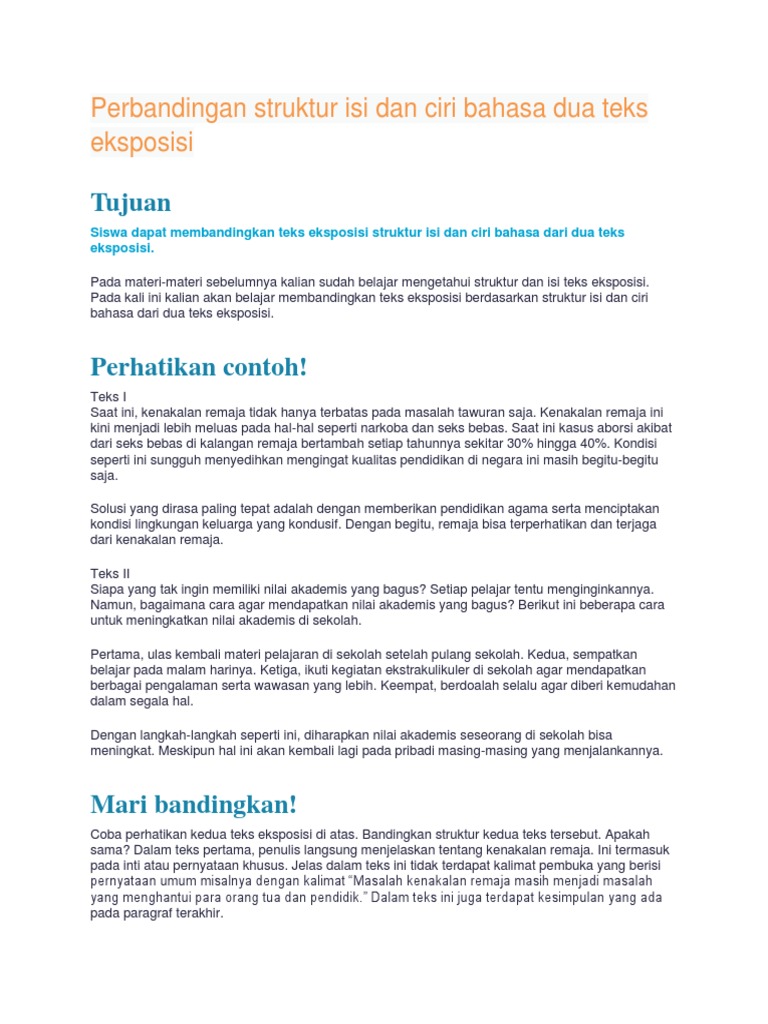 Perbandingan Struktur Isi Dan Ciri Bahasa Dua Teks Eksposisi