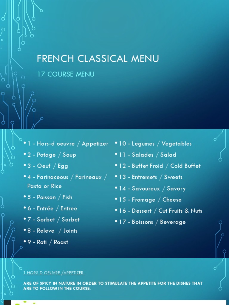 17-Course French Classical Menu Guide | PDF | Hors D'oeuvre | Salad