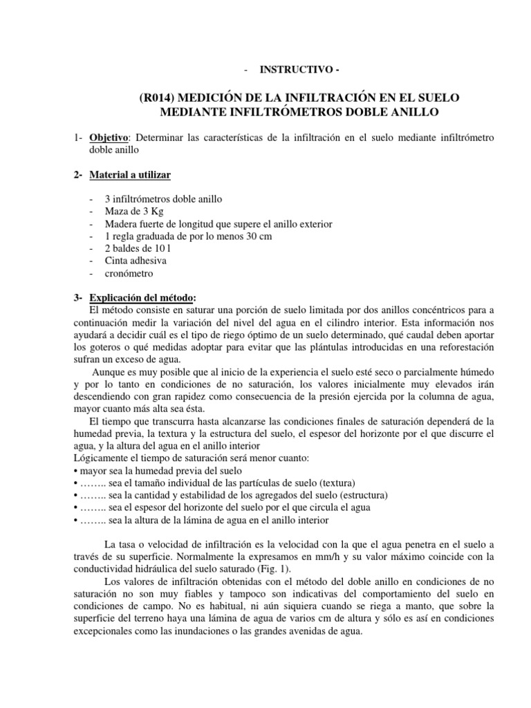 INSTRUCTIVO - R014 - Infiltrometro Doble Anillo PDF | PDF | Absorción ...