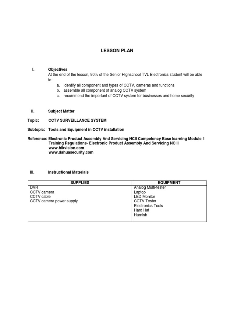 CCTV Installation Lesson Plan | PDF | Closed Circuit Television ...