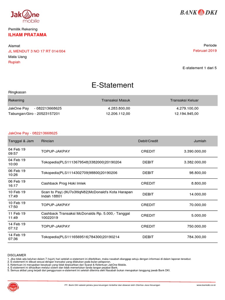 E-Statement Rekening Bank DKI Februari 2019 | PDF