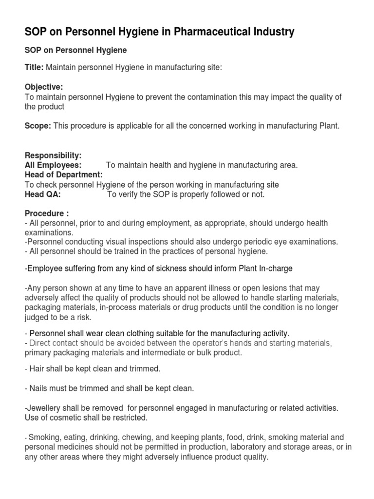 SOP on Personnel Hygiene in Pharmaceutical