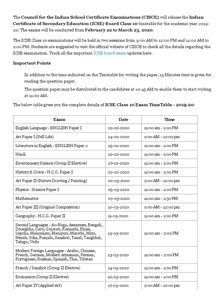 2020 ICSE 10th Board Exam Time Table Schedule Date Sheet PDF Test
