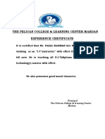 The Pelican College & Learning Center Mardan Experience Certificate