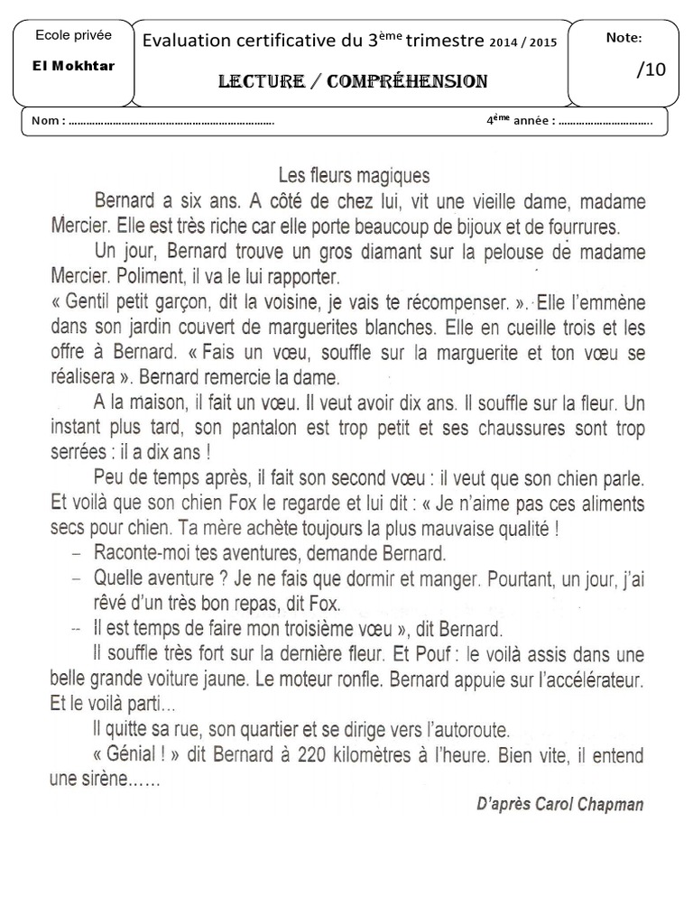 évaluation Français Ce2 3ème Trimestre Pdf Examen 3ème Tri Lecture 4ème | PDF