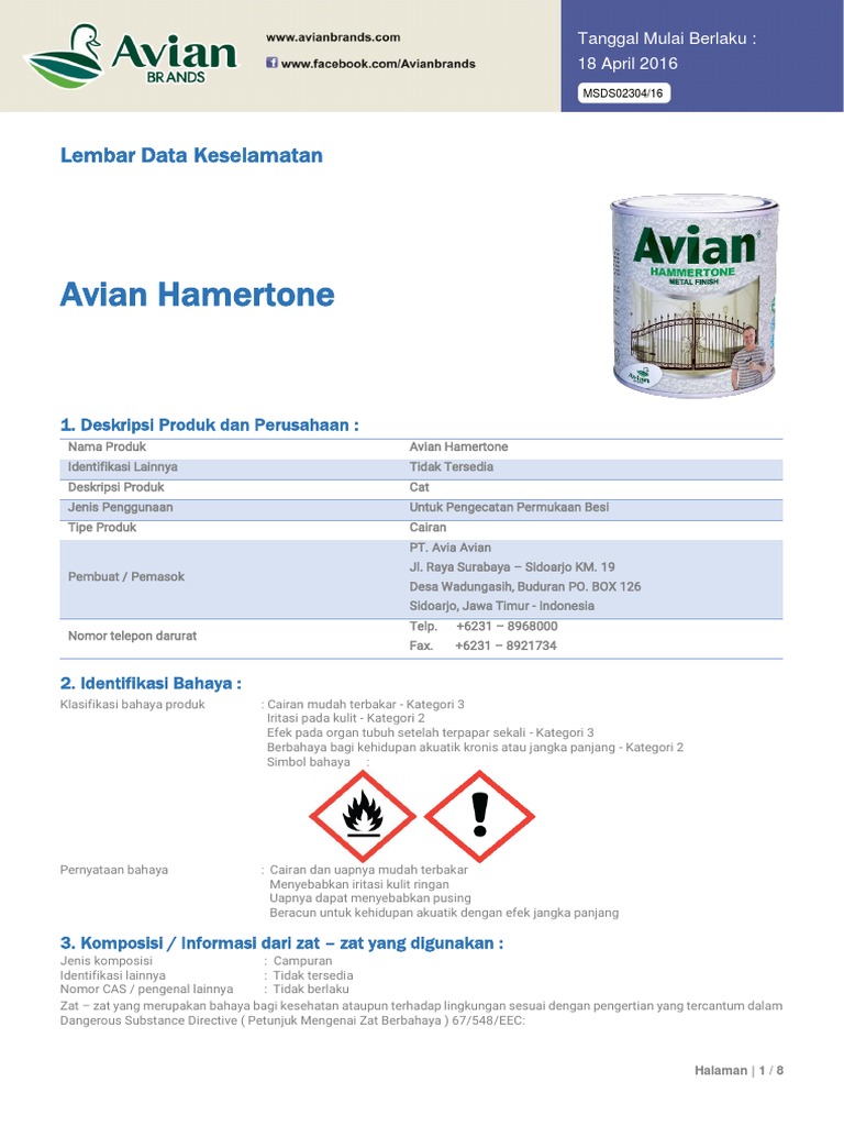 Msds Cat Avian Homertone | PDF