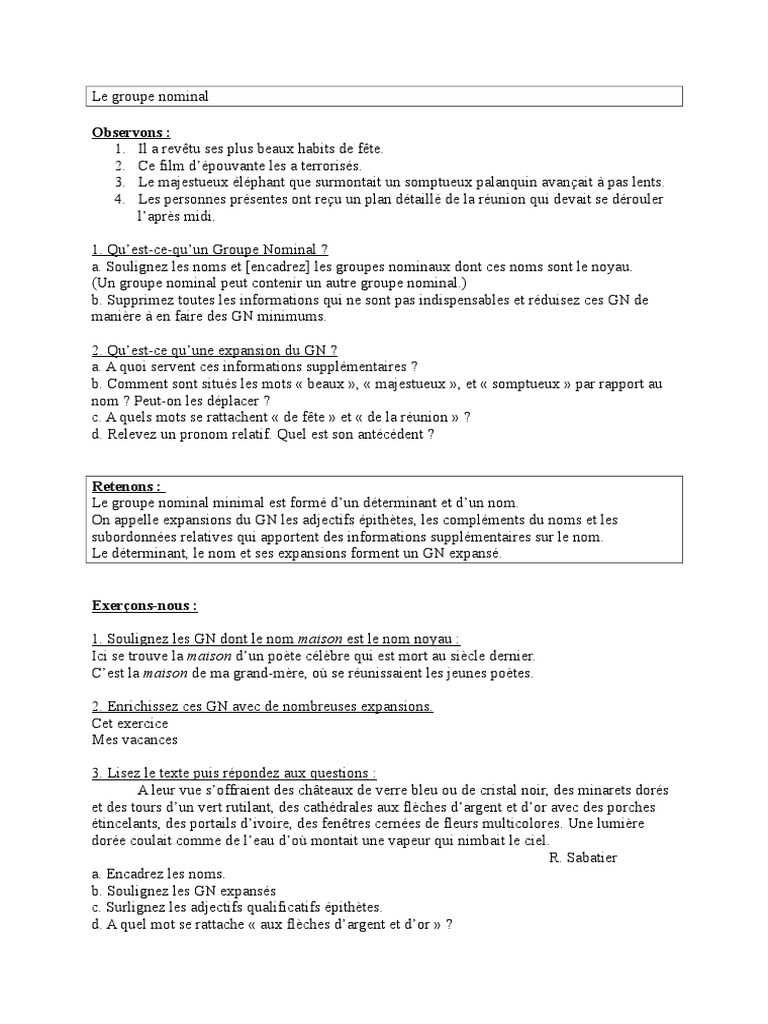 Exercices Groupe Nominal 6ème Pdf Groupe Nominal | PDF | Nom (grammaire) | Pronom