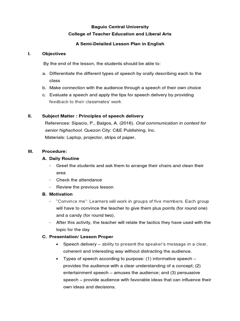 Speech Delivery Lesson Plan | PDF | Lesson Plan | Cognitive Science