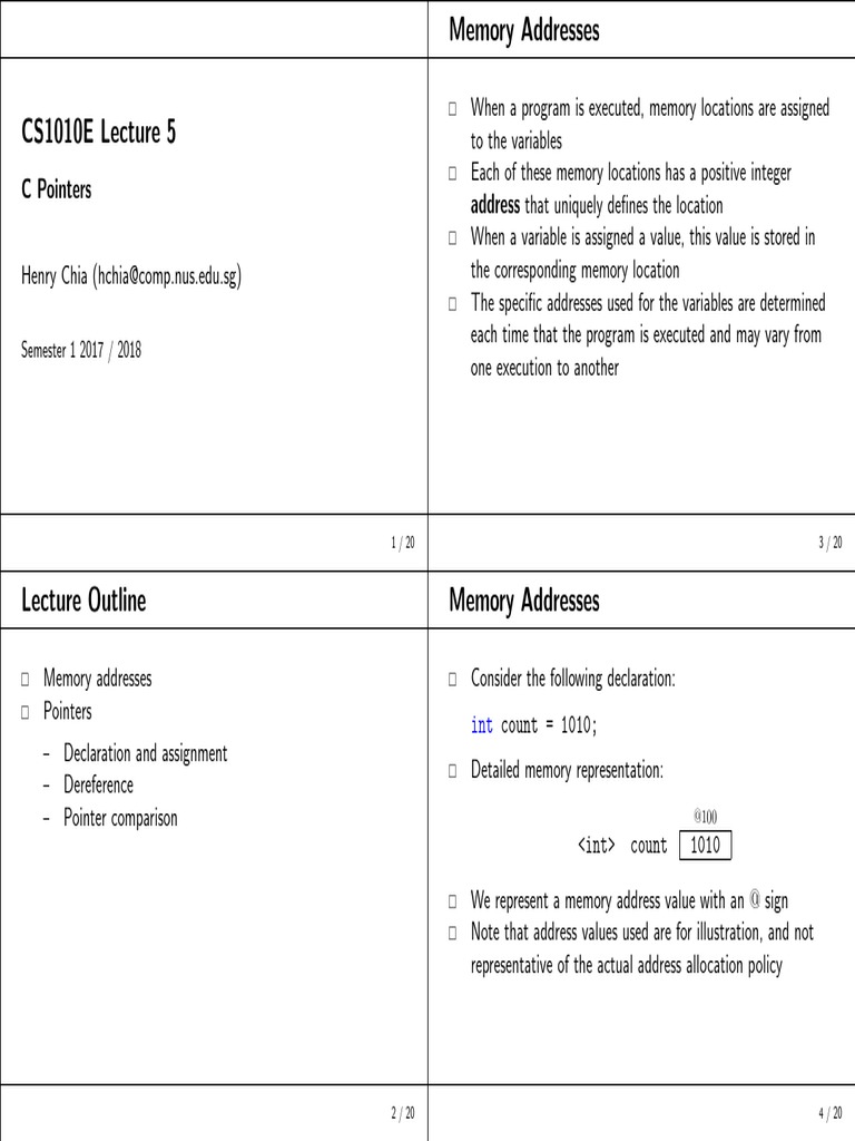 Memory Addresses and Pointer Fundamentals PDF Pointer