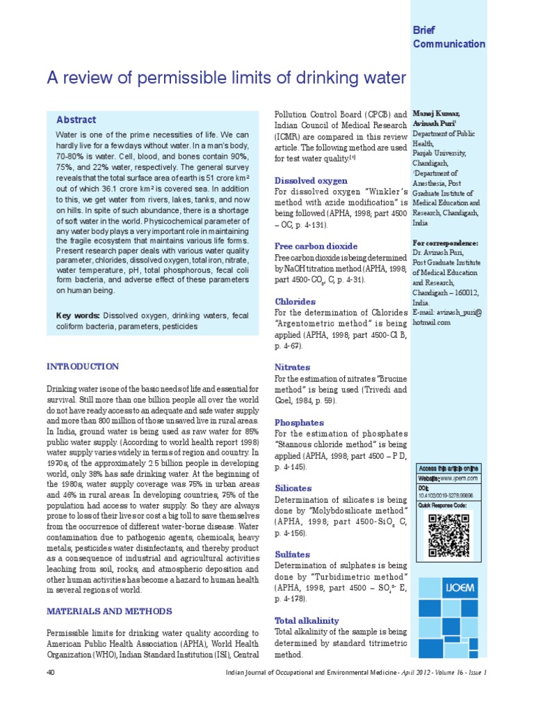 Permissible Limit of Drinking Water PDF Alkalinity Nitrate