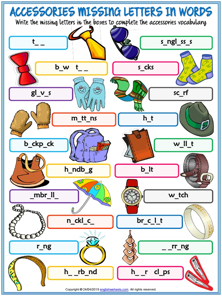 Accessories Vocabulary Esl Missing Letters in Words Worksheet For Kids ...