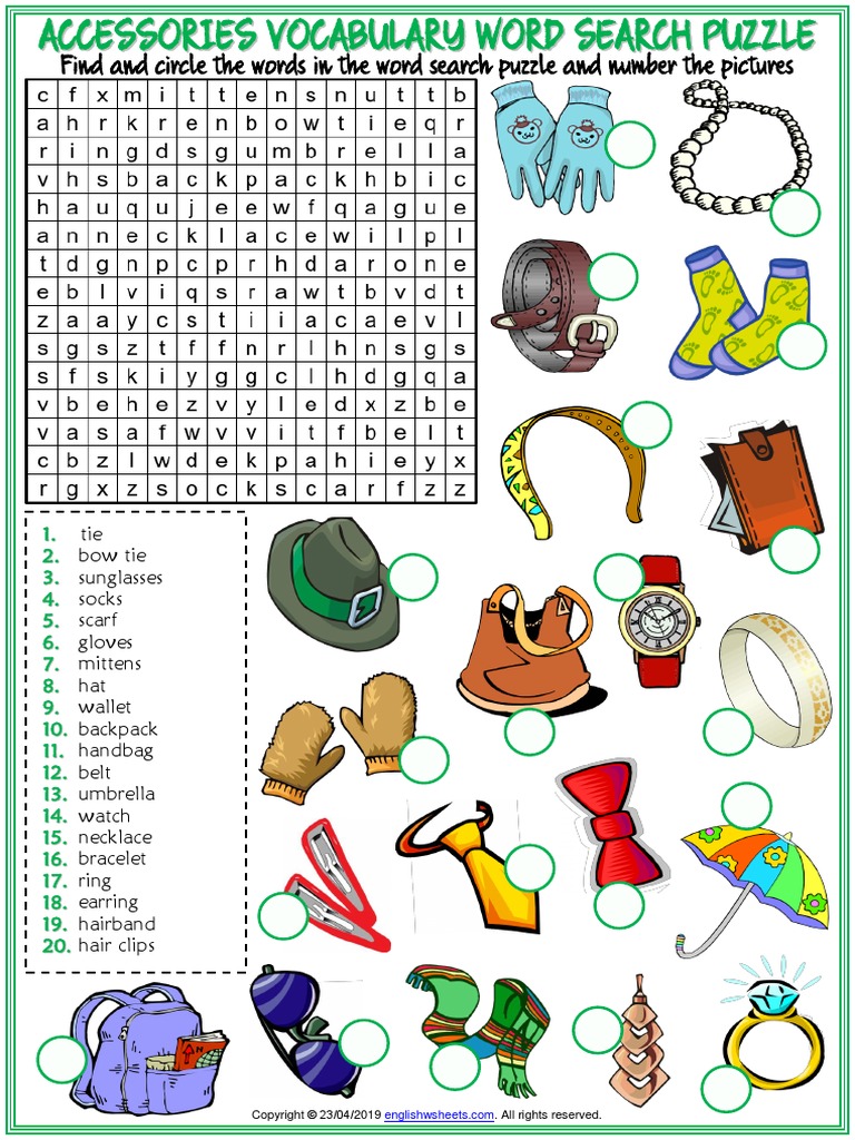 Accessories Vocabulary Esl Word Search Puzzle Worksheet For Kids | PDF