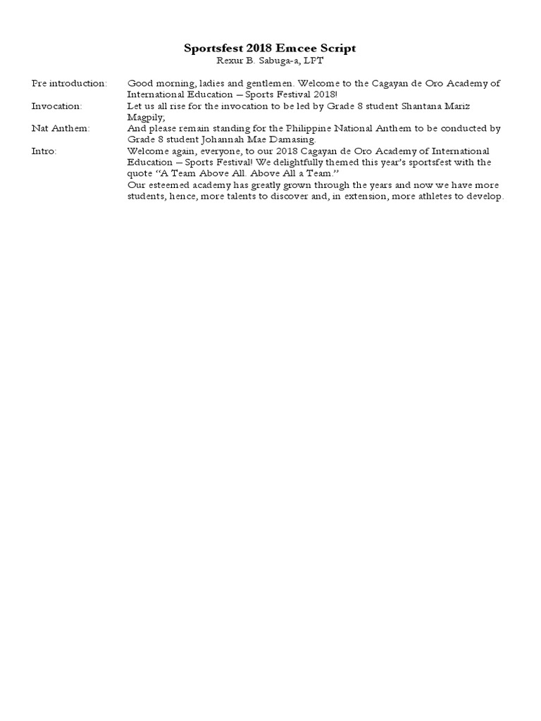 Sportsfest 2018 Emcee Script | PDF | Sports & Recreation | Wellness