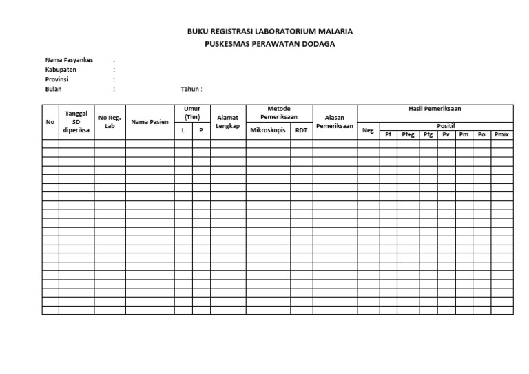 Buku Registrasi Lab Malaria Puskesmas | PDF