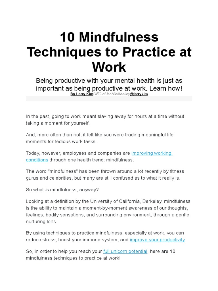 10 Mindfulness Techniques To Practice At Work Pdf Mindfulness Feeling