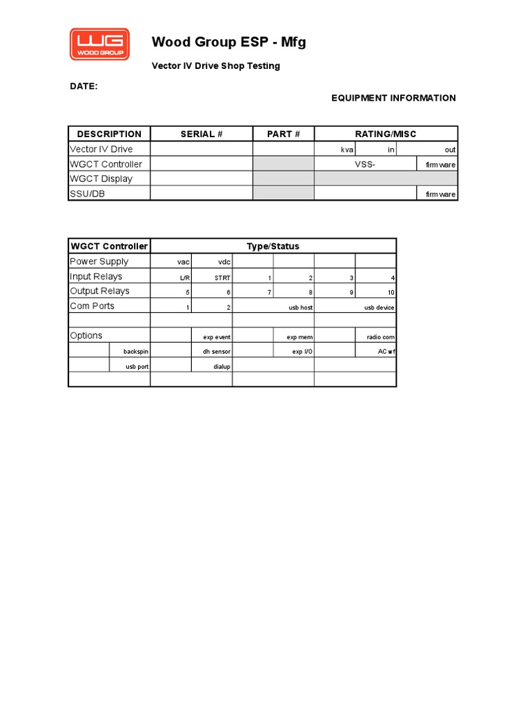 Wood Group ESP MFG Vector IV Drive Shop Testing Date Equipment