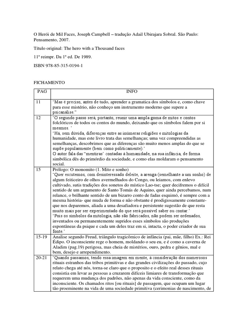 Fichamento O Herói de Mil Faces PDF Sonho Rituais