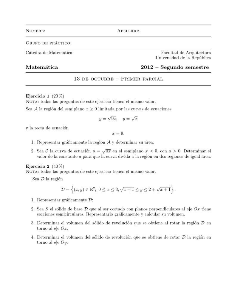 Ejercicios de Matemáticas: Parcial 2012 | PDF | Conceptos matemáticos ...