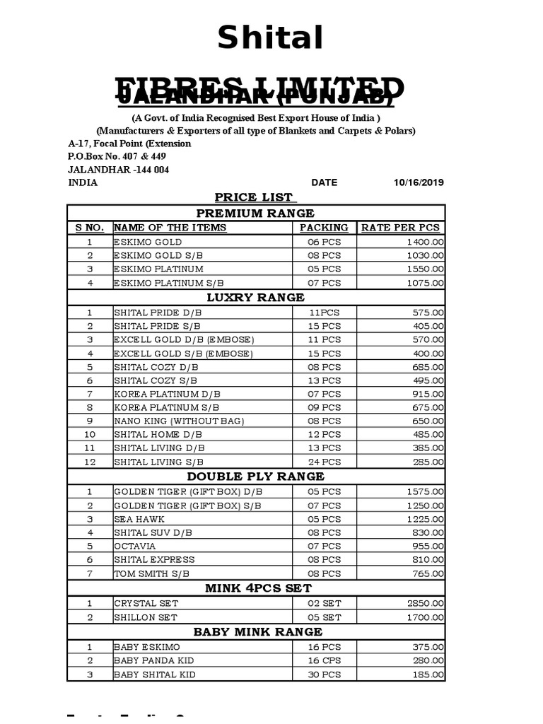Shital Price List 2019 PDF Textiles Business