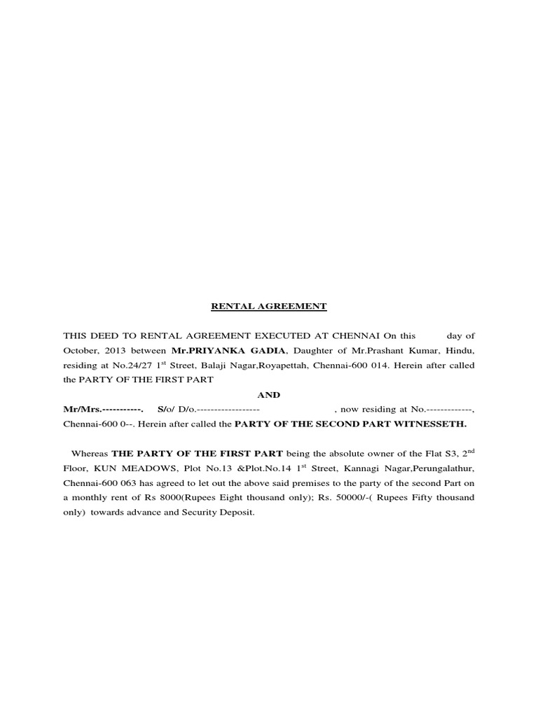 Rental Agreement Format in Chennai | PDF | Lease | Property Law