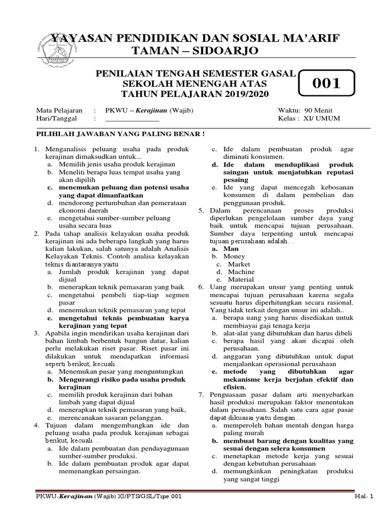 Soal PTS Prakarya Kerajinan kelas XI Semester 1