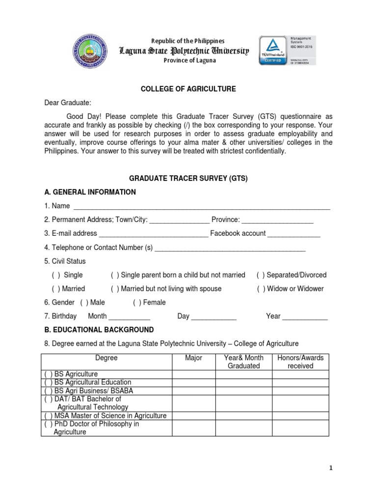 Graduate Tracer Survey for Agriculture Alumni | PDF | Employment ...