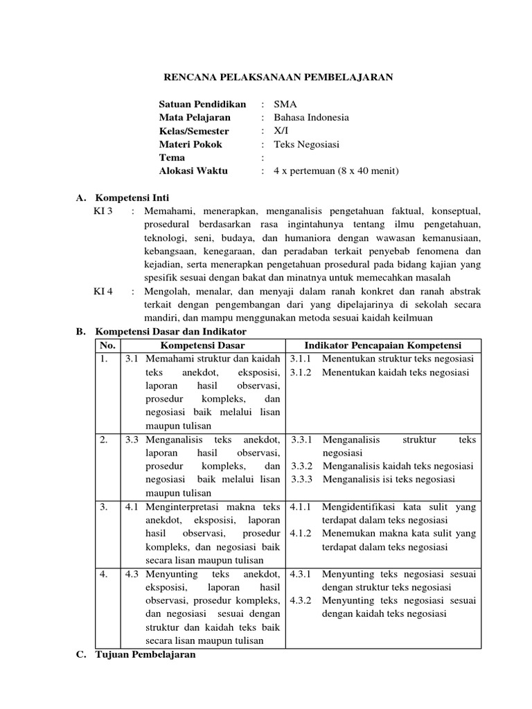 Rpp 1 Teks Negosiasi Kelas X Bekti Docx