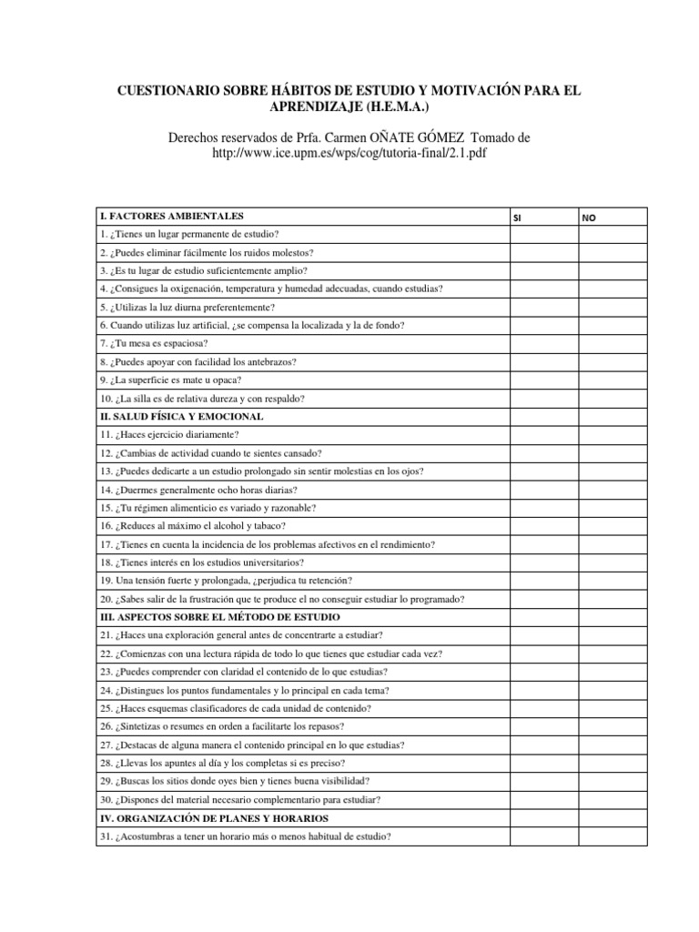 Cuestionario Sobre Habitos de Estudio y Motivacion para El PDF | PDF ...