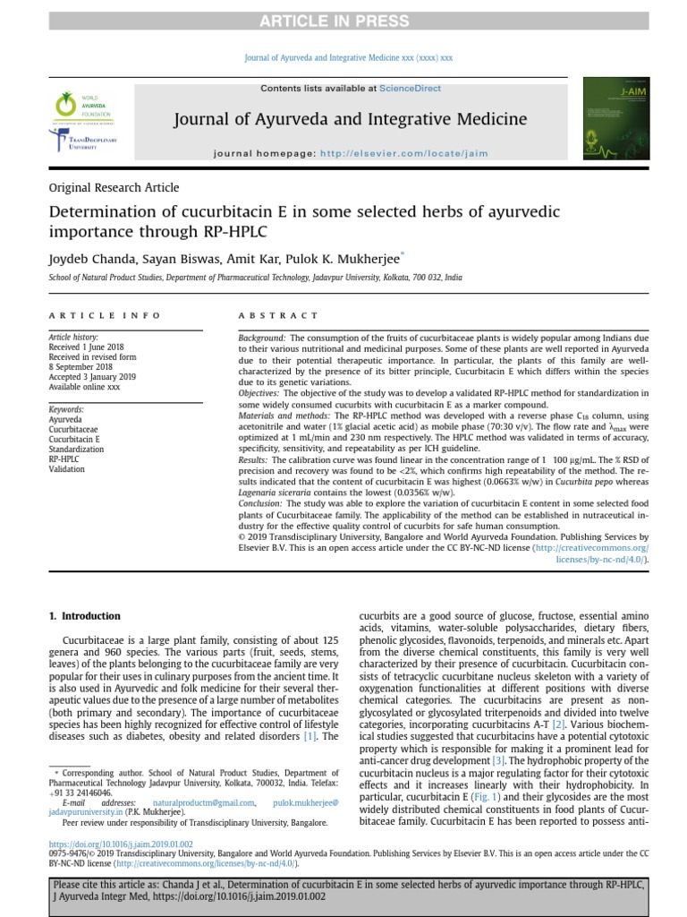 Journal of Ayurveda and Integrative Medicine Joydeb Chanda, Sayan