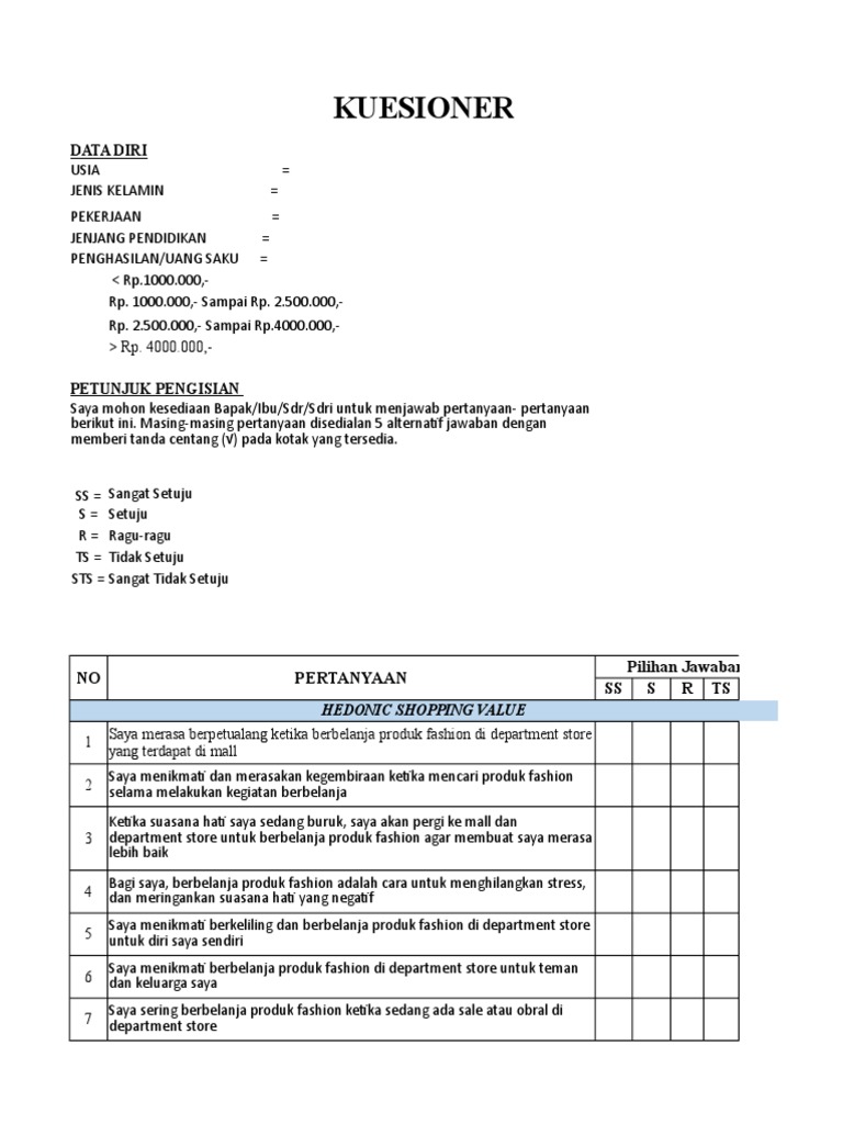 Kuesioner Hedonic Shopping Value PDF