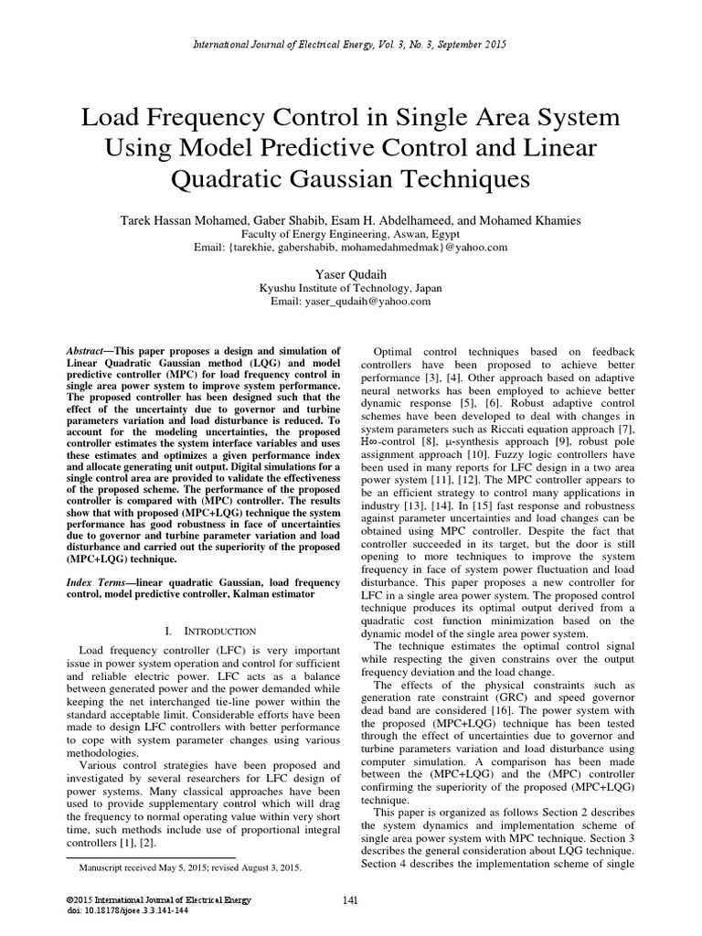 Load Frequency Control in Single Area System Using Model Predictive ...
