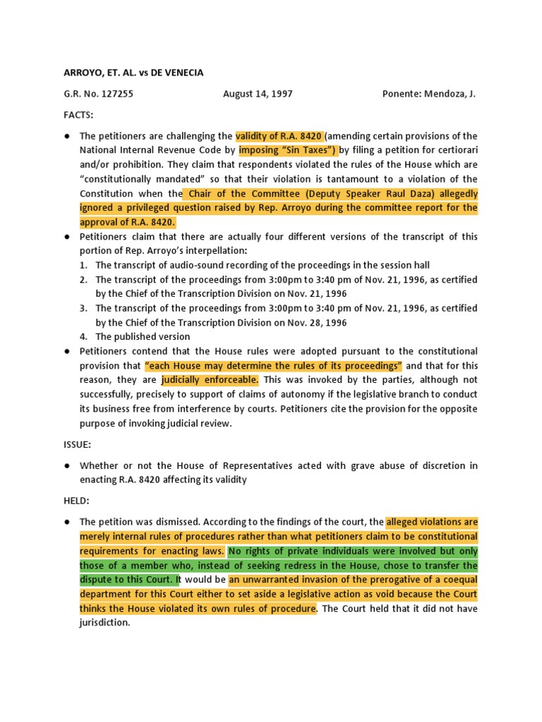 Arroyo et al v de venecia 277 scra 268 1997 pdf government