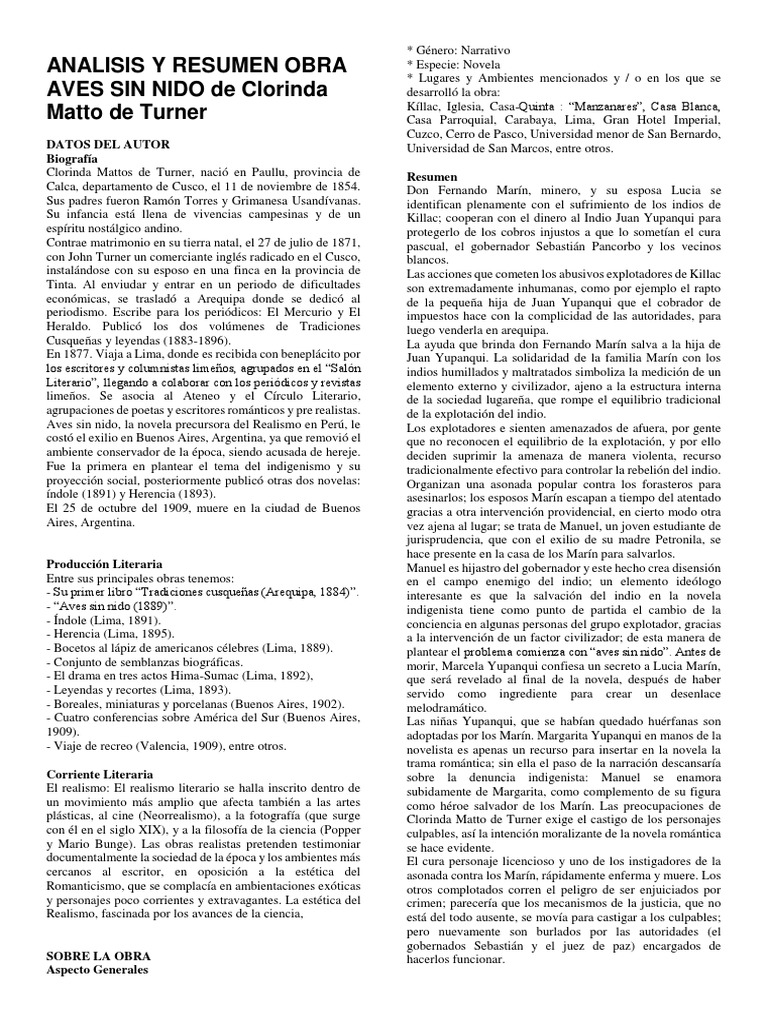 Analisis Y Resumen Obra Aves Sin Nido De Clorinda Matto De Turner Pdf