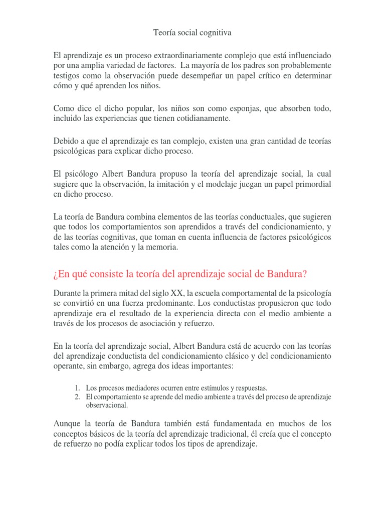 Teoria Social Cognitiva Pdf Aprendizaje Comportamiento