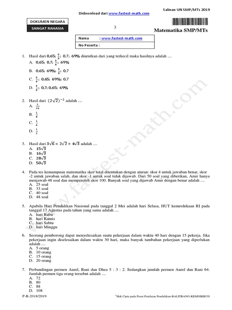 Latihan Soal Matematika Unbk Smp