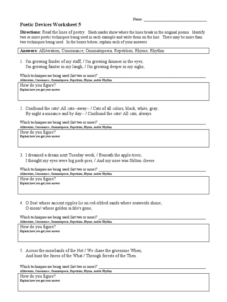 Poetic Devices Worksheet  PDF  Rhyme  Poetry For Literary Devices Worksheet Pdf