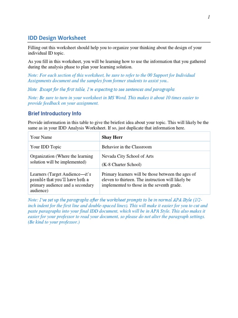IDD Design Worksheet for Classroom Behavior | PDF | Classroom | Learning