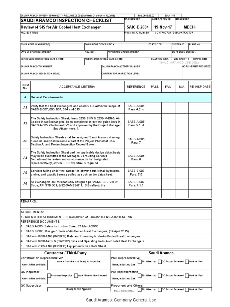 Saudi Aramco Inspection Checklist Review of SIS For Air Cooled Heat