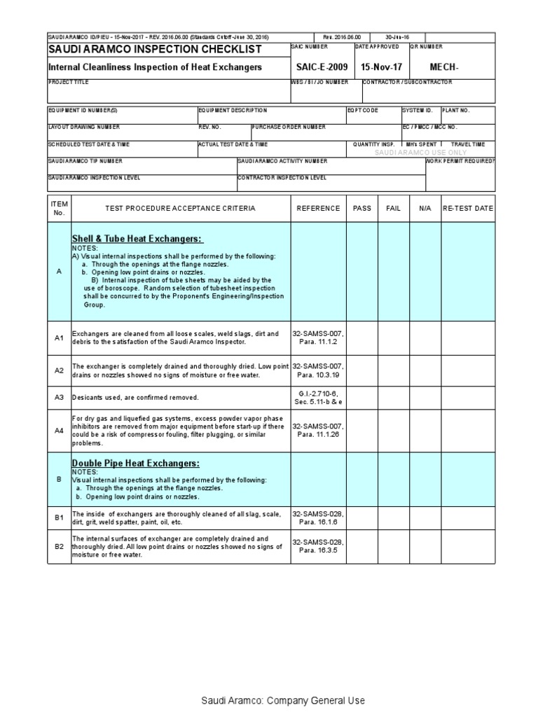 Saudi Aramco Inspection Checklist Internal Cleanliness Inspection of