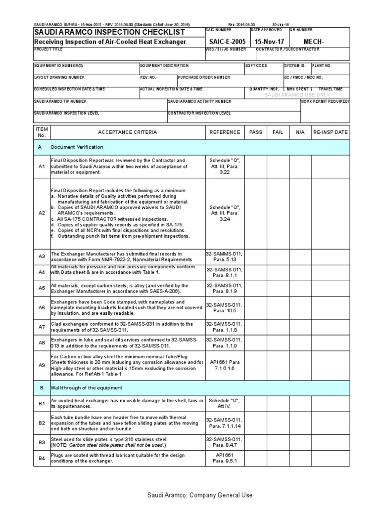 Saudi Aramco Inspection Checklist Receiving Inspection of AirCooled