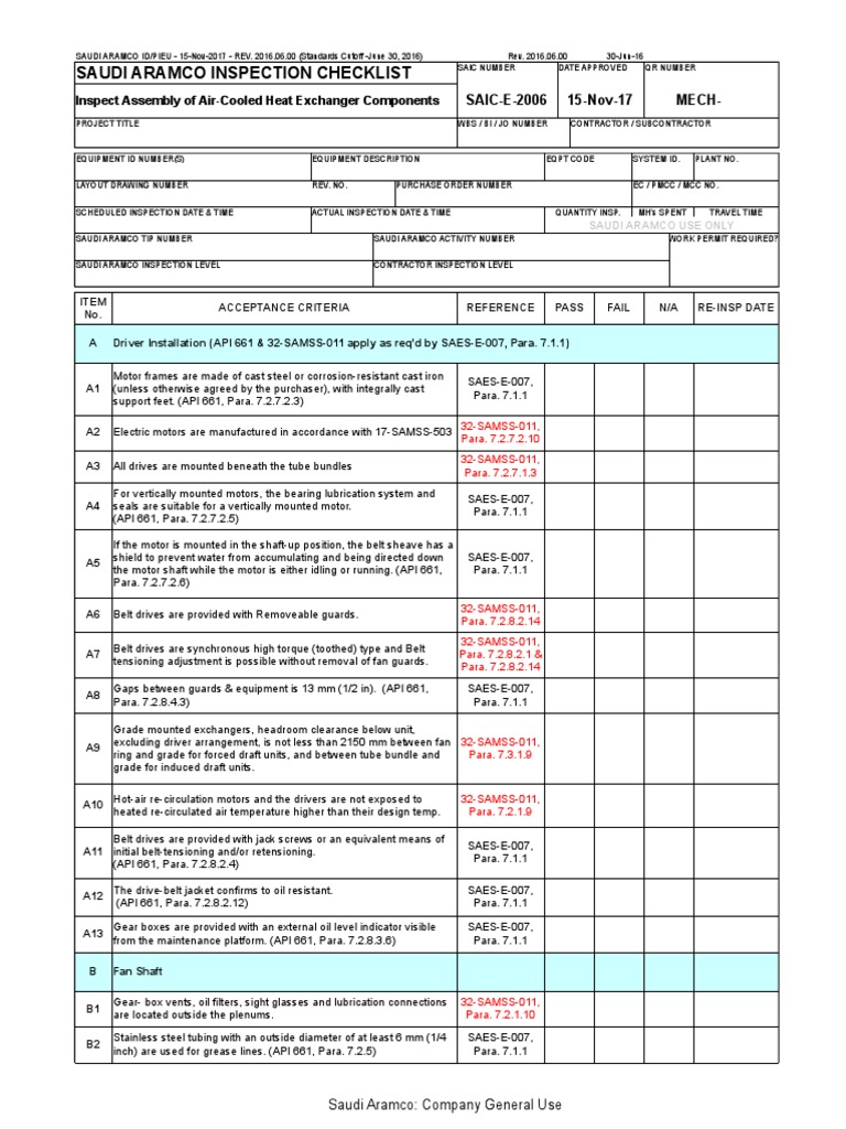 Saudi Aramco Inspection Checklist Inspect Assembly of AirCooled Heat