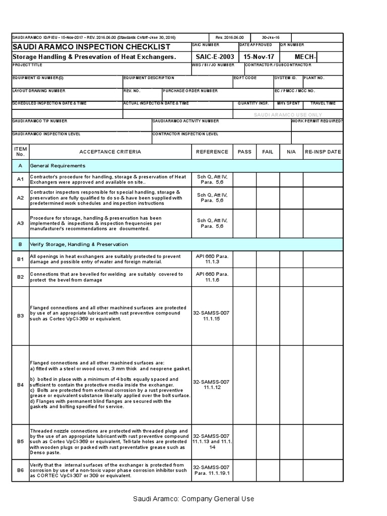 Saudi Aramco Inspection Checklist Storage Handling & Presevation of