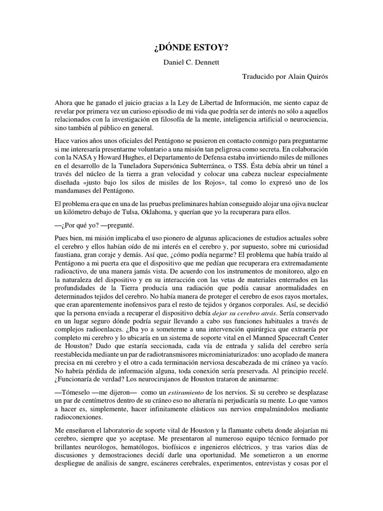 Dónde Estoy - Daniel Dennett | PDF | Filosofía de la mente | Cerebro