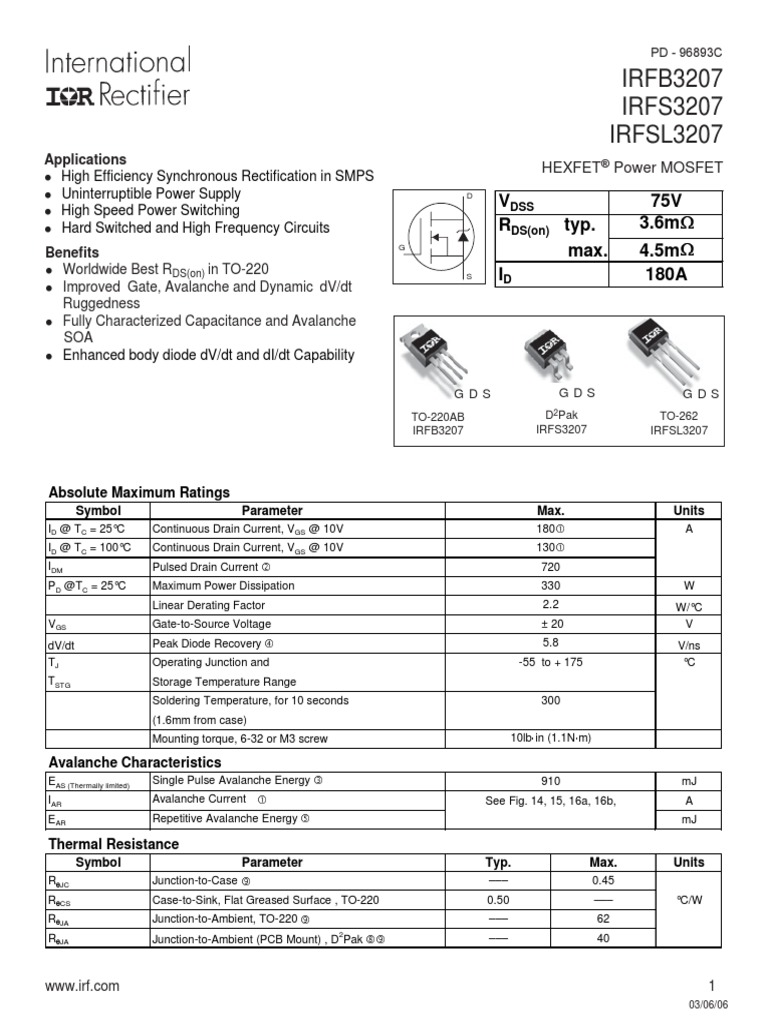 Irf3207 MOSFET | PDF | Diode | P–N Junction